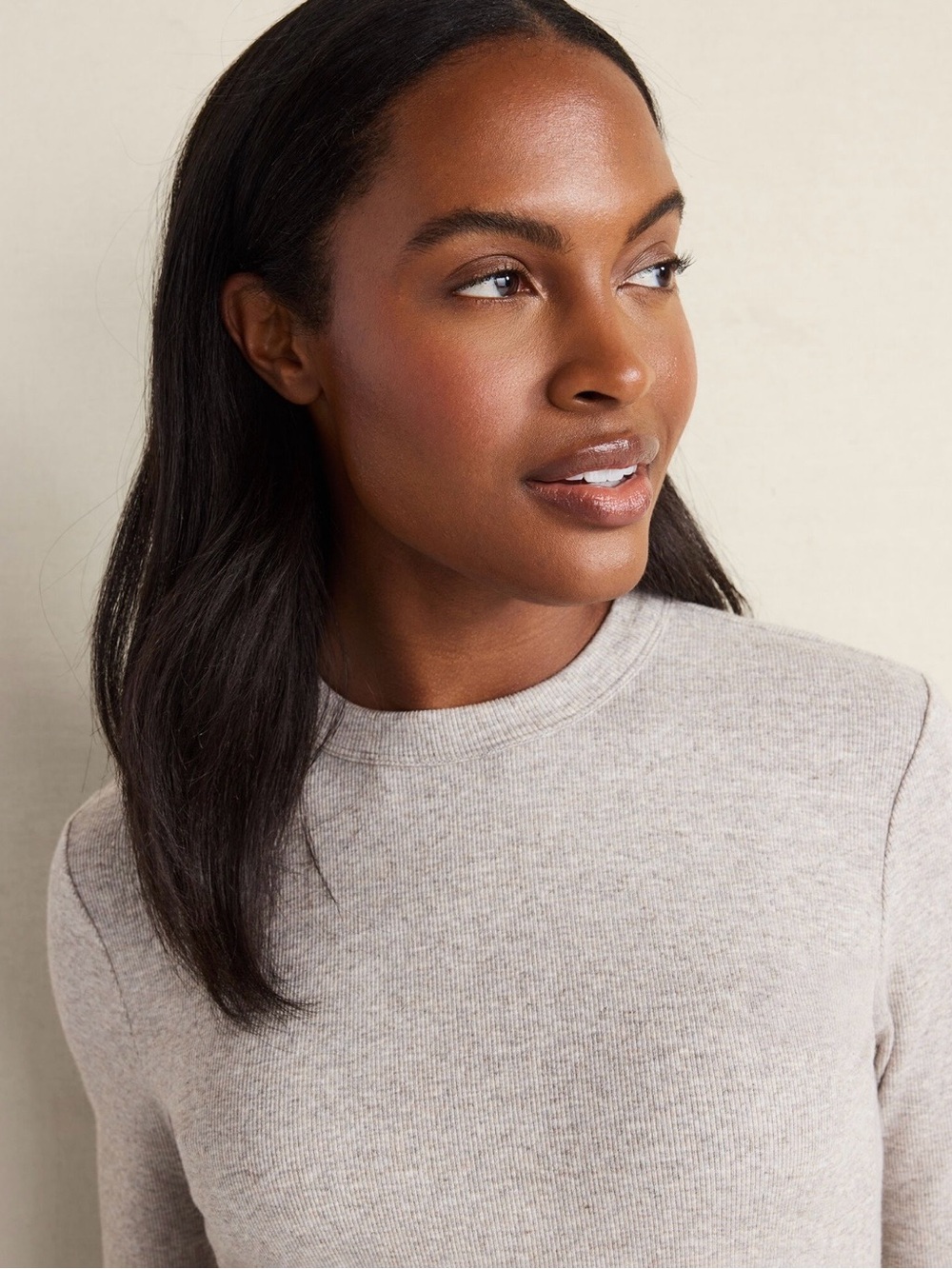 Everyday Ribbed Crew Neck Long Sleeve Top in Heather Taupe Organic Cotton